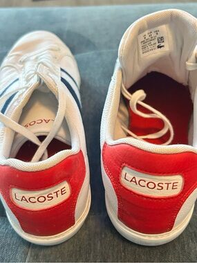Lacoste White Low-Top Sneakers with Red Heel and Navy Stripe
